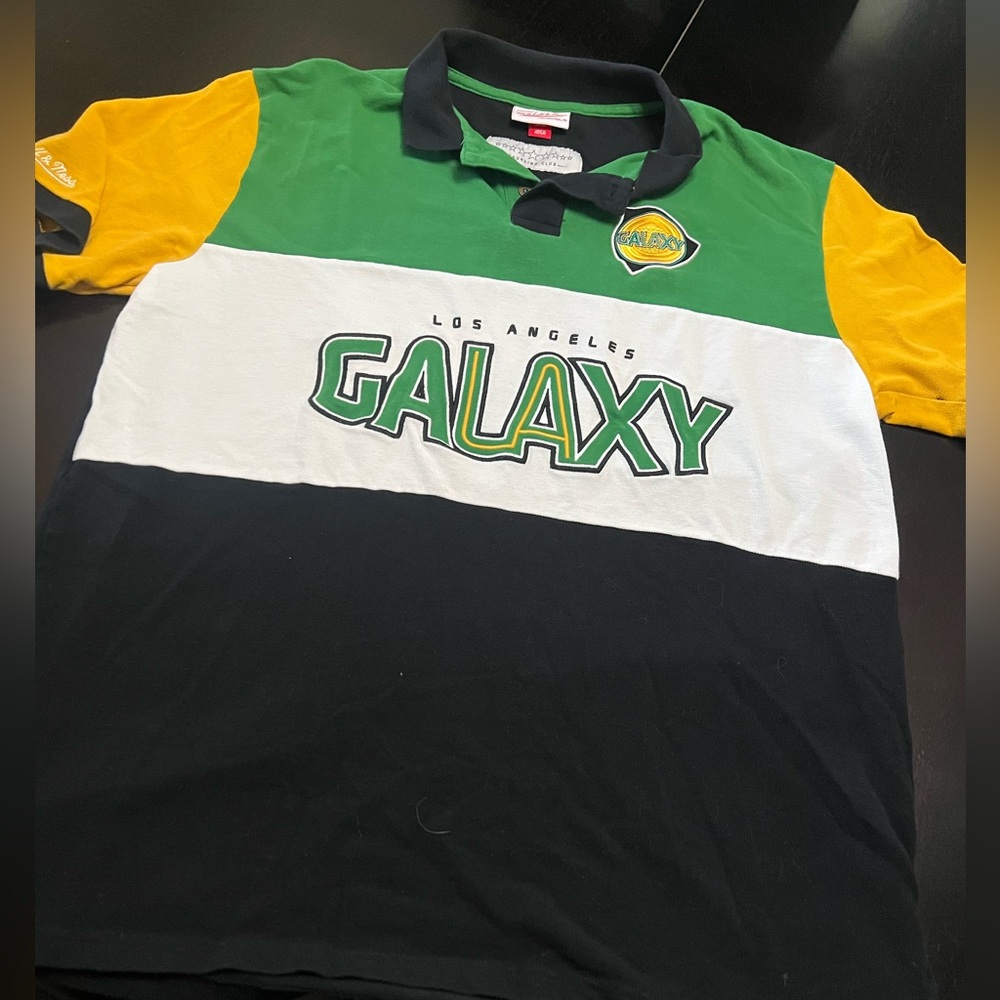 Los Angeles Galaxy Polo Shirt Green Yellow Black Mens XL Mitchell Ness SOCCER